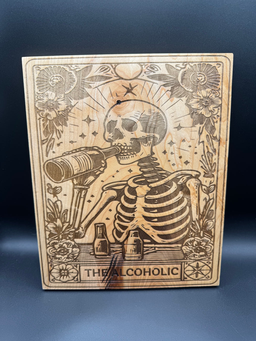 The Alcoholic - Tarot Card Skeleton Laser Engraved Wood Sign (8" x 10")